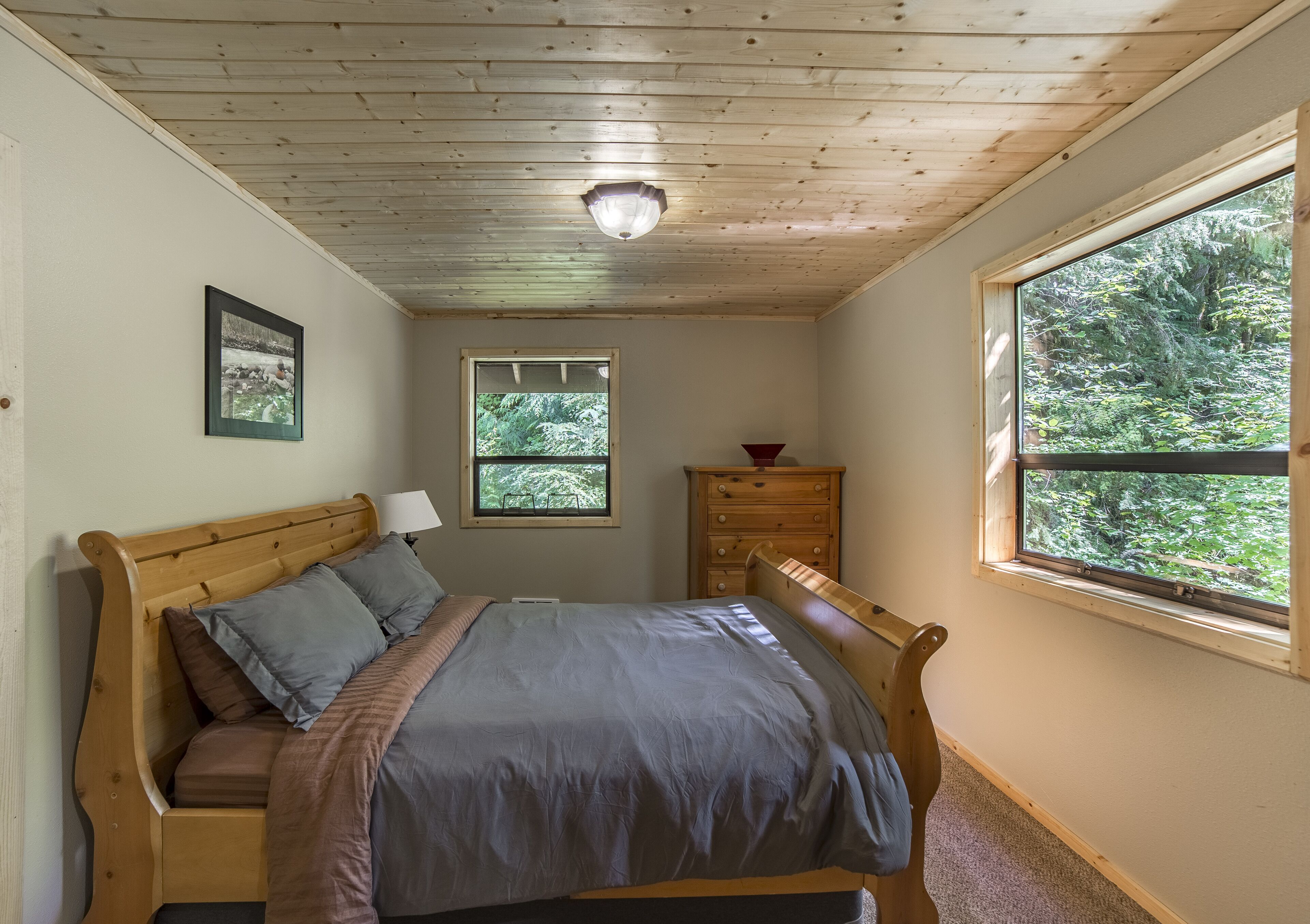 A bedroom with a wooden bed, a dresser, two windows, and a ceiling light.