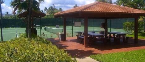 En tennisbane med et overdækket pavillon og siddeområde.