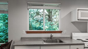 A kitchen with a window, a sink, a stove, and white cabinets. - Newly built deluxe cabins, in a private redwood setting near the Smith River (Hiouchi)
