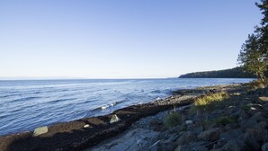Un rivage rocheux bordé d’une eau d’un bleu limpide et d’une ligne d’arbres à l’horizon.