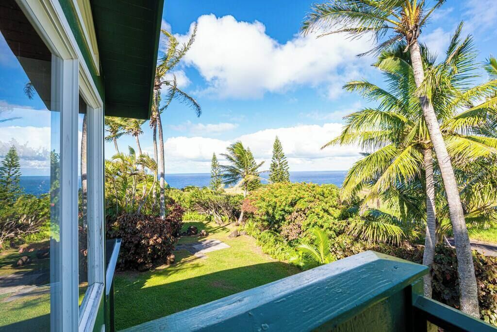 A view from a balcony with a tropical garden, palm trees, and a clear sky.