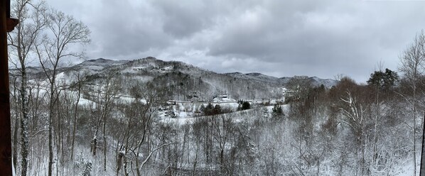 Un paisaje montañoso con árboles nevados y un puente.