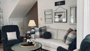 Smart TV, fireplace, DVD player, books