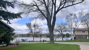 Ein Wohngebiet mit einem großen Baum, einer grünen Wiese, einem See und Häusern im Hintergrund.