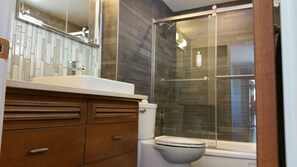 Combined shower/tub, hair dryer, towels, shampoo