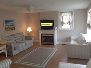 Smart TV, fireplace, DVD player, computer monitors