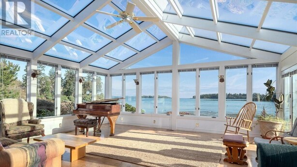 Un salón de sol con piano, asientos y vista a un lago.