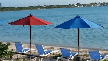 On the beach, sun loungers, beach towels