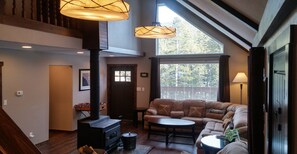 Smart TV, fireplace, DVD player, books