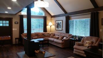 Una Smart TV, una chimenea, un reproductor de DVD, libros