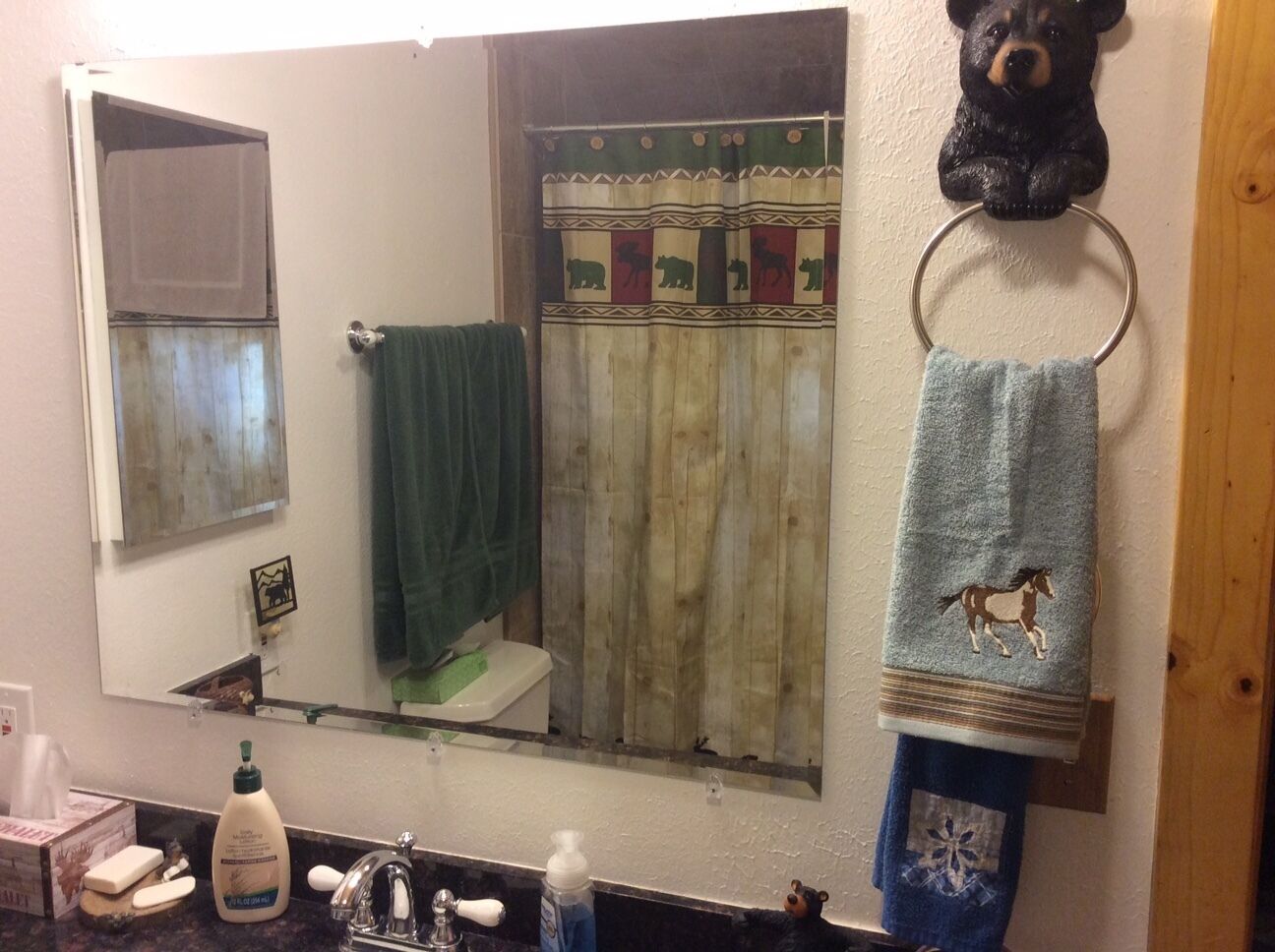 A bathroom with a mirror, a towel rack with a towel, a bottle of hand soap, and a soap dispenser.