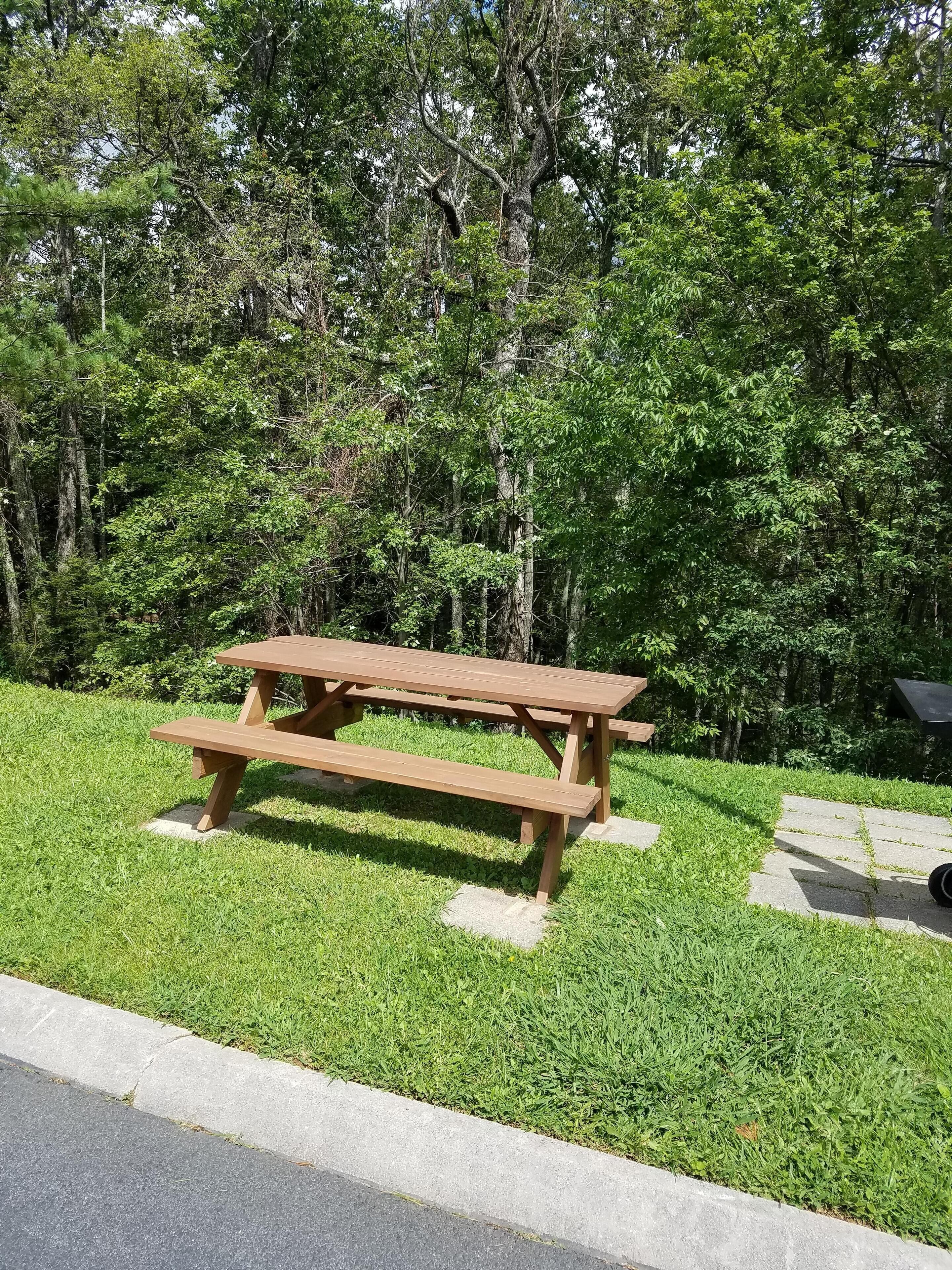 Una mesa de picnic en un área con césped y árboles al fondo.