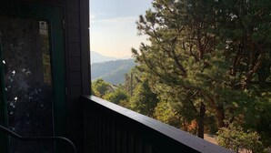 A balcony with a view of a forested mountain range.