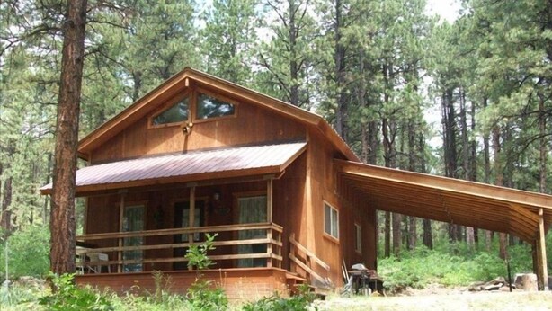 A wooden cabin with a balcony, surrounded by dense forest.