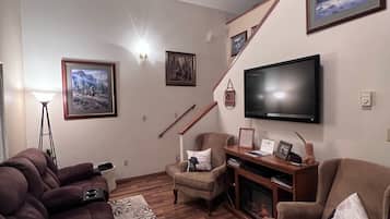 Smart TV, fireplace, books, offices
