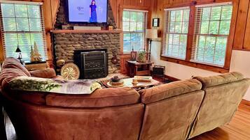 Smart TV, fireplace, books