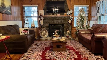 Smart-tv, eldstad och böcker