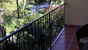 Een balkon met uitzicht op een rivier en weelderige begroeiing.