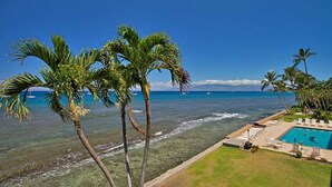 A poolside view with palm trees, clear blue water, and a distant view of the ocean. - Maui Rainbows And Waves!~Gorgeous Oceanfront Views!! ~ 2 Bdrm ~Corner unit w A/C (Lahaina)