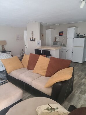 Cozy living space with a sofa, kitchenette, and dining area.