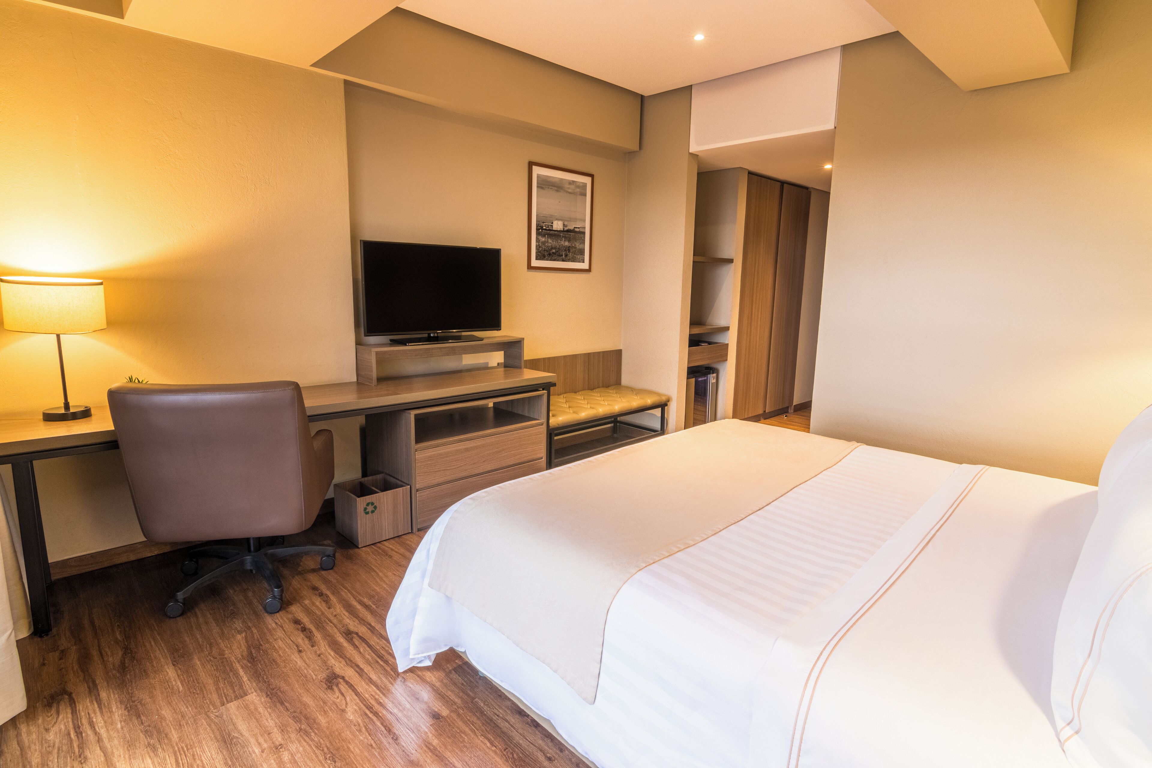 Habitación de hotel con una cama, un escritorio con silla, televisión y un armario pequeño.