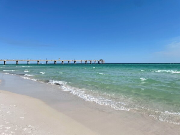 On the beach, sun loungers
