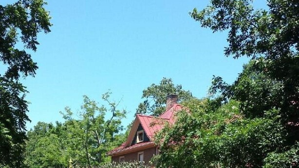 Ein Haus mit rotem Dach, umgeben von üppigem Grün und verschiedenen Pflanzen.