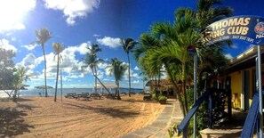 On the beach, beach towels - St. Thomas Prime Oceanfront/Poolfront 2BR/2BA Condo-BEST Bolongo Beach location! (St. Thomas)