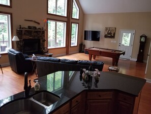 TV connectée, cheminée, lecteur de DVD, livres