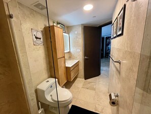 Shower, hair dryer, towels, soap