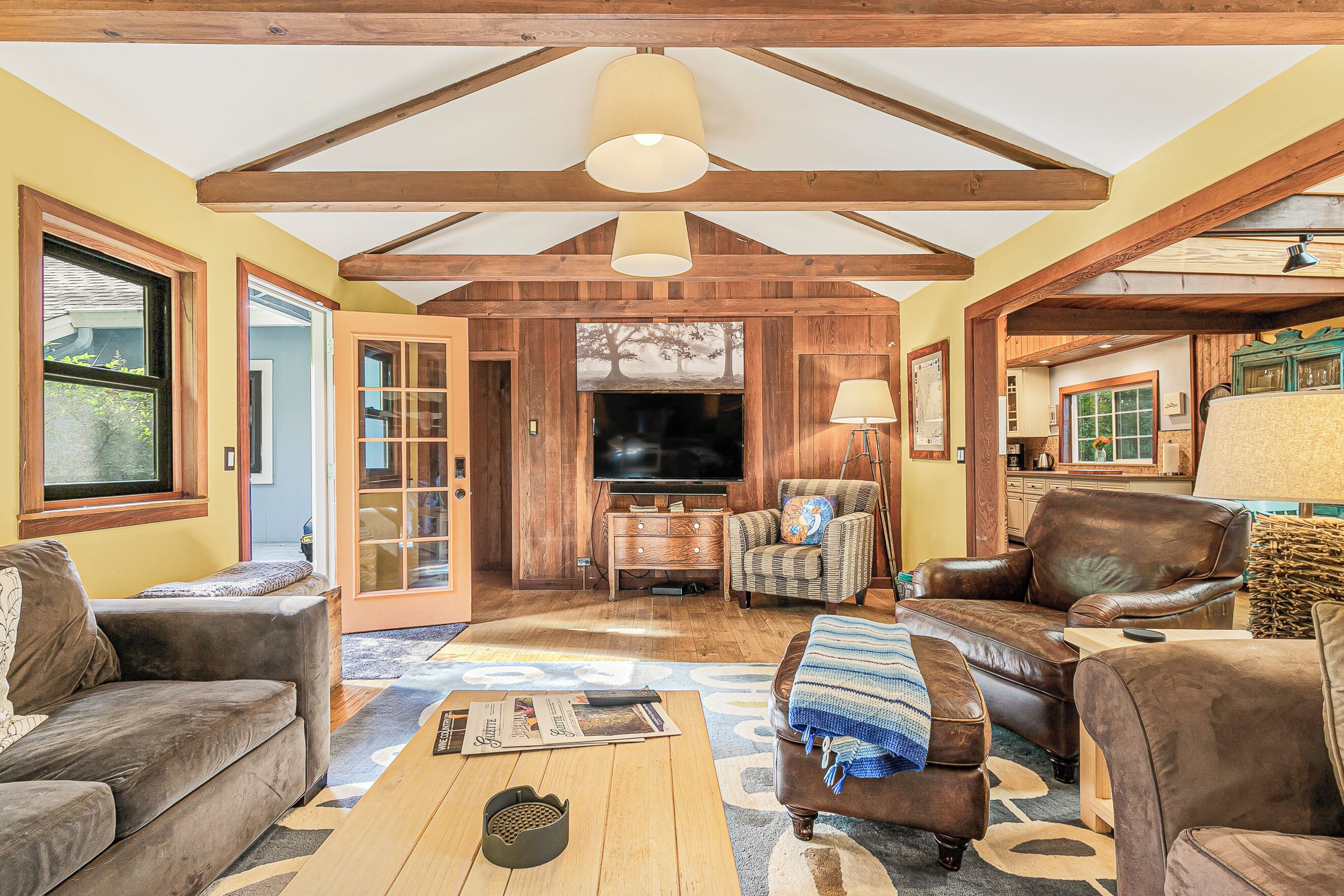 TV, fireplace, books