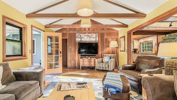 Televisie, een open haard en boeken