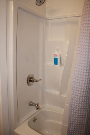 Combined shower/tub, hair dryer, towels, soap