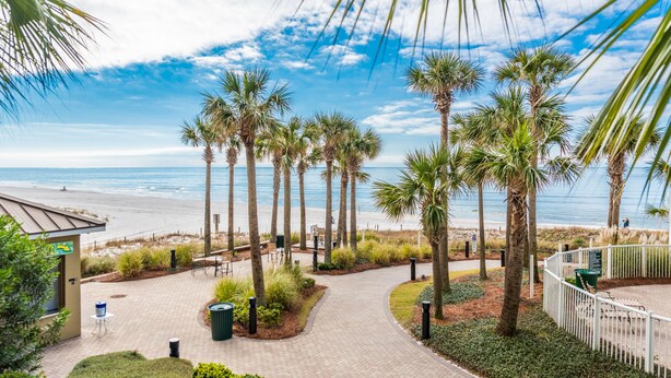 Un sendero pavimentado que conduce a una playa con palmeras, un edificio pequeño y una zona delimitada por una valla.