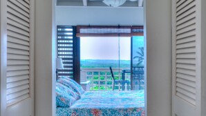 Una camera da letto con un letto, una ventola a soffitto e vista sull'esterno attraverso una finestra.