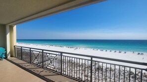 On the beach, sun-loungers, beach towels