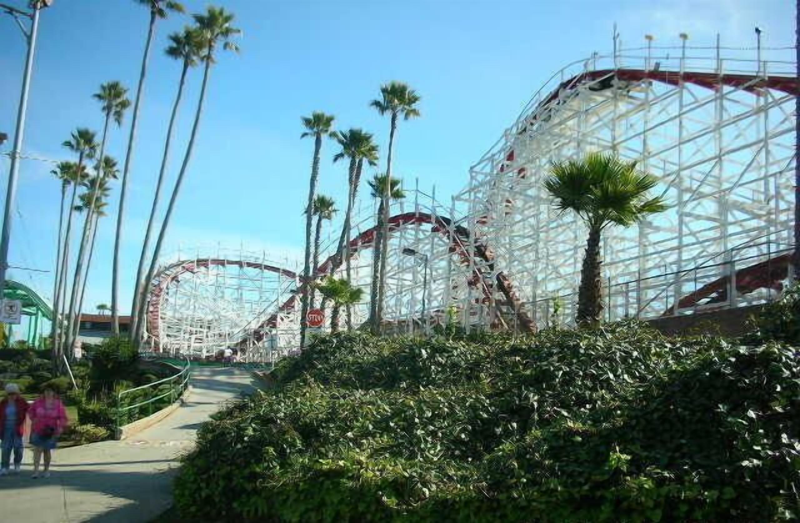 A roller coaster with a white structure and a red track, surrounded by palm trees and greenery.
