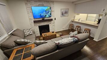 Télévision à écran plat, cheminée, lecteur de DVD