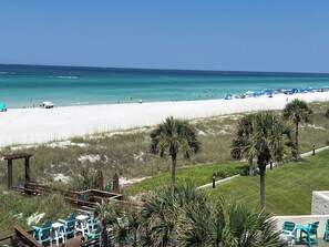 A beach view with a wooden deck and chairs, palm trees, and a clear blue sky. - Beach Front 2br special. Check for new Summer rates  and discounts. (Panama City Beach)