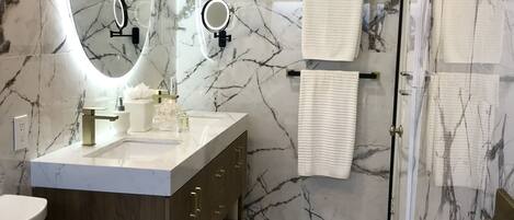 Combined shower/tub, hair dryer, bidet, towels