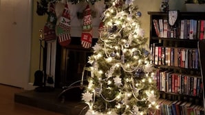 A small, lit Christmas tree in a living room with a bookshelf and a fireplace in the background. - Everyone Welcome! Private WiFi, Heated Pool, Gas Grills, Catch the View! (Gatlinburg)