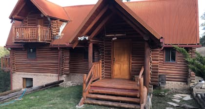 Cabane en rondins construite Ă la main dans la forĂȘt de Ponderosa