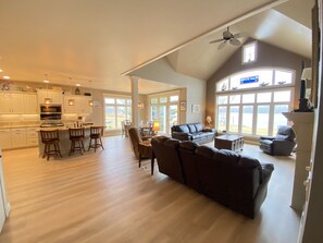 Smart TV, fireplace, foosball, books
