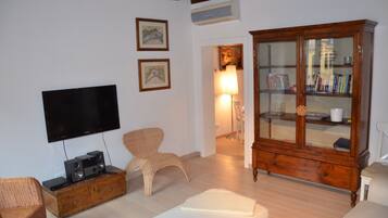Flat-screen TV, DVD player, books, stereo
