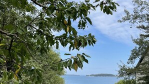 A grassy lawn leading to a body of water, surrounded by trees and a building. - Charming, 2BR Oceanfront cottage with stunning views.  (Southwest Harbor)