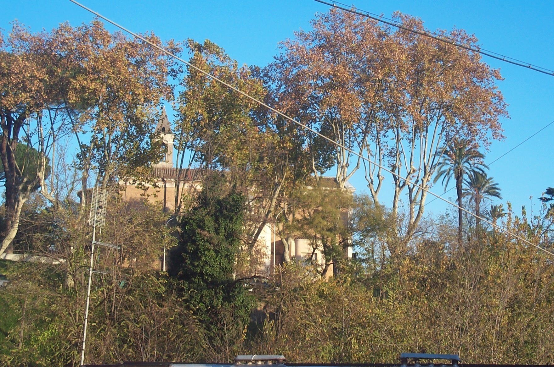 Un edificio con un campanile, circondato da alberi e vegetazione.