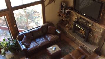 TV, fireplace, DVD player, foosball