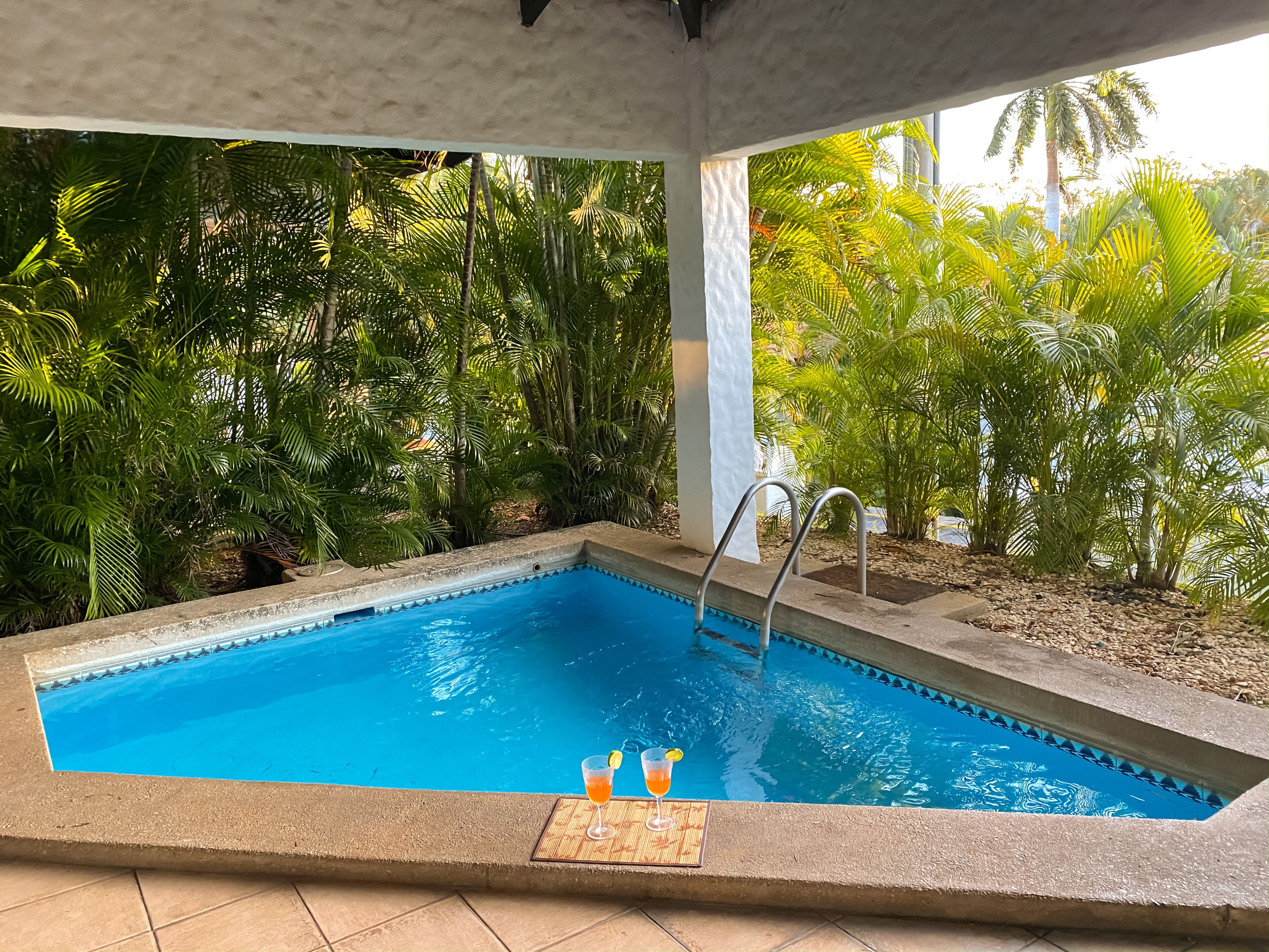 A swimming pool with a clear blue water, surrounded by lush green tropical plants.