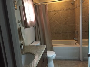Combined shower/bathtub, hair dryer, towels, toilet paper
