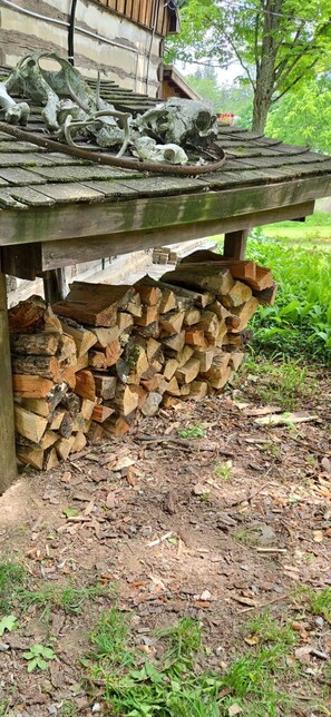 Una estructura de madera rústica con techo, una pila de leña debajo y un jardín con vegetación.